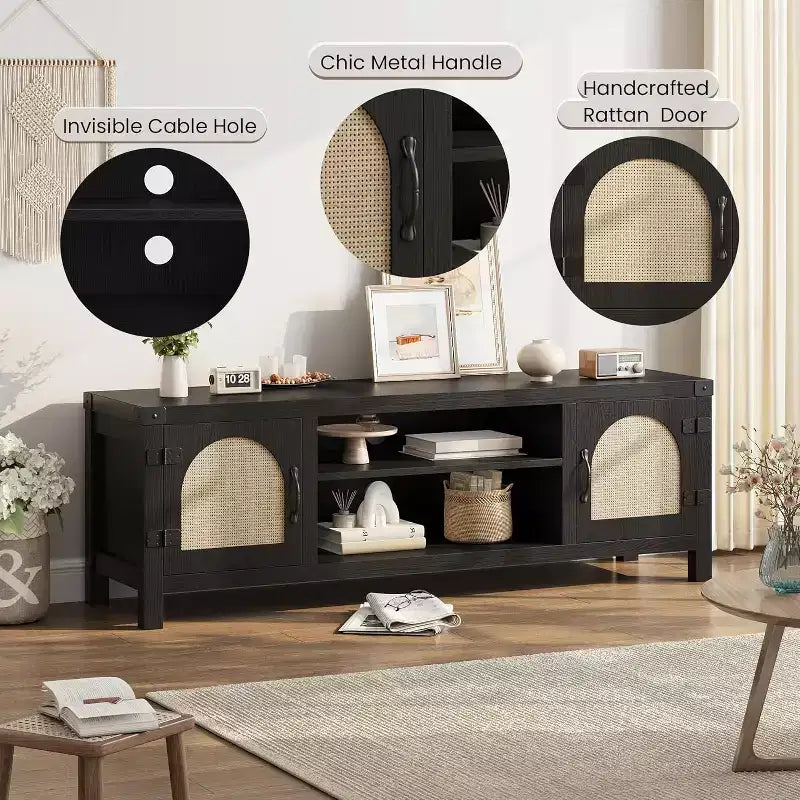 Mobile TV Boho da 59 - Porta Rattan per Centro di Intrattenimento con Ripiani Regolabili per TV da 65 pollici