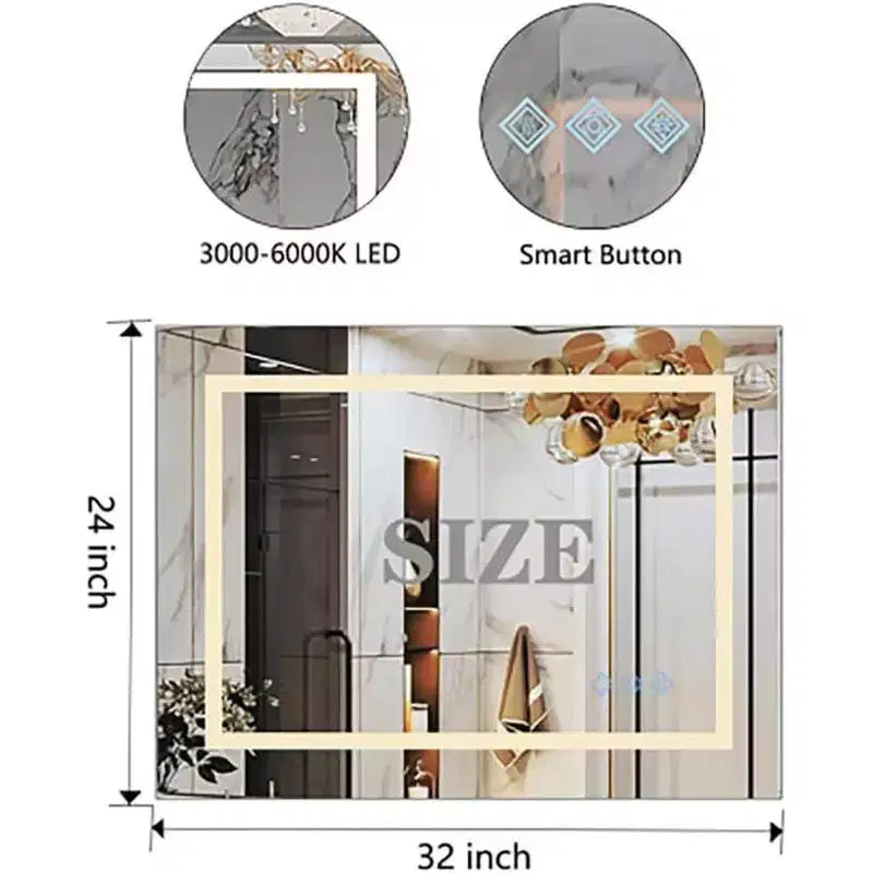 Specchio da Bagno Acekool 32 x 24 Pollici, Specchio da Parete con Dimmer Tattile, Memoria Intelligente, Antiappannamento e Impermeabilità IP54