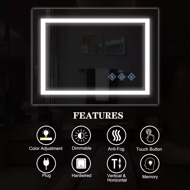 Specchio da Bagno Acekool 32 x 24 Pollici, Specchio da Parete con Dimmer Tattile, Memoria Intelligente, Antiappannamento e Impermeabilità IP54