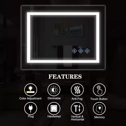 Specchio da Bagno Acekool 32 x 24 Pollici, Specchio da Parete con Dimmer Tattile, Memoria Intelligente, Antiappannamento e Impermeabilità IP54