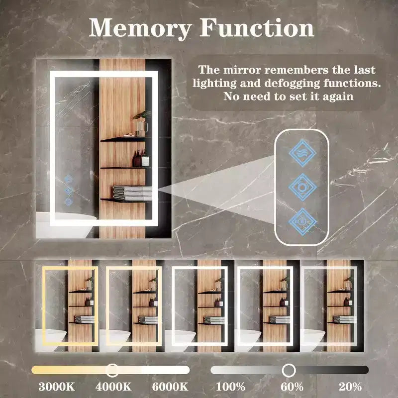 Specchio da Bagno Acekool 32 x 24 Pollici, Specchio da Parete con Dimmer Tattile, Memoria Intelligente, Antiappannamento e Impermeabilità IP54