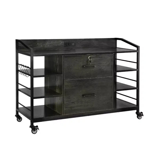 VEVOR 2 Drawers Metal File Cabinet, Lateral Filing Cabinet with Lock and 6 Open Shelves, Wooden Wide Filing Storage Cabinets with Power Strip, Gray