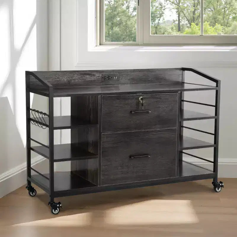 Classificatore metallico a 2 cassetti VEVOR, classificatore laterale con serratura e 6 ripiani aperti, armadietto classificatore ampio in legno con presa multipla, grigio