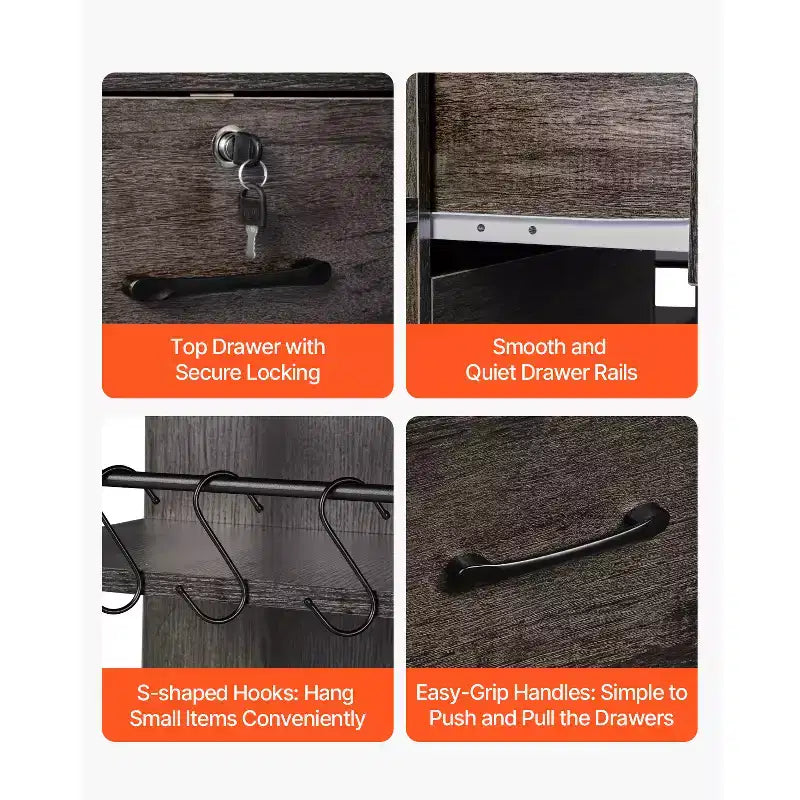 Classificatore metallico a 2 cassetti VEVOR, classificatore laterale con serratura e 6 ripiani aperti, armadietto classificatore ampio in legno con presa multipla, grigio