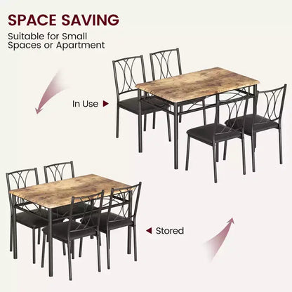 Set da pranzo moderno 5 pezzi, tavolo salvaspazio e 4 sedie, struttura in metallo, Retro/Grigio