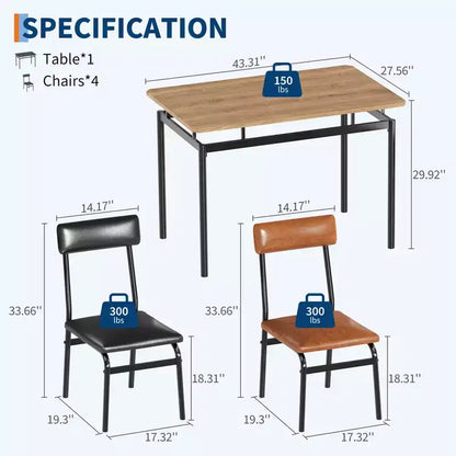 Set da tavolo da pranzo per 4 persone, set da pranzo in legno di 5 pezzi, 4 sedie imbottite in PU, set da pranzo con struttura in metallo per sala da pranzo, feste, appartamento