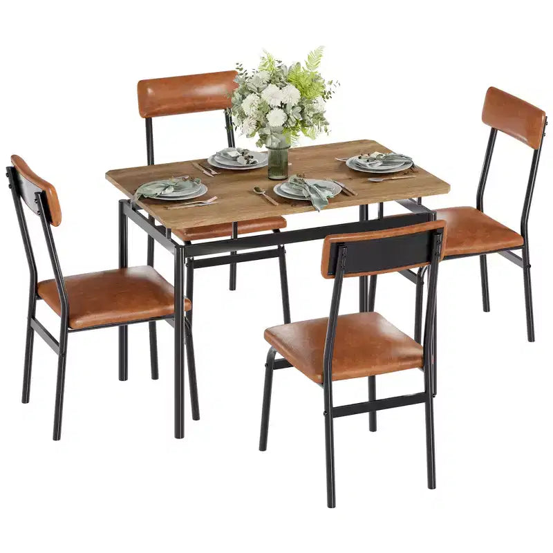 Set da tavolo da pranzo per 4 persone, set da pranzo in legno di 5 pezzi, 4 sedie imbottite in PU, set da pranzo con struttura in metallo per sala da pranzo, feste, appartamento
