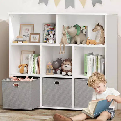 GOTGELIF Scaffale per Libri e Contenitore Giocattoli per Bambini - Legno Massello, Scaffale a 3 Ripiani, 5 Vani e 3 Cassetti