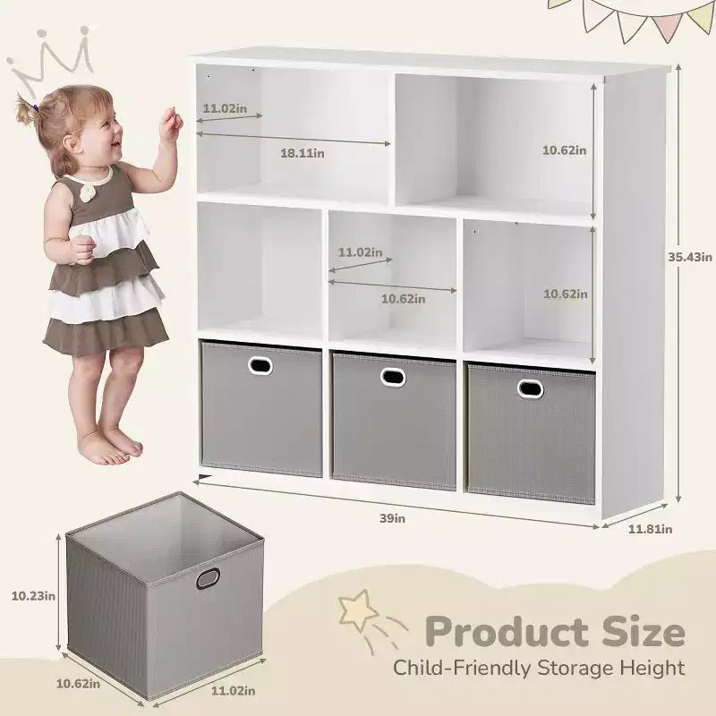 GOTGELIF Scaffale per Libri e Contenitore Giocattoli per Bambini - Legno Massello, Scaffale a 3 Ripiani, 5 Vani e 3 Cassetti