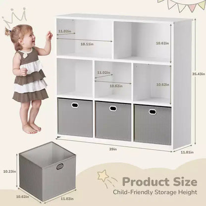 GOTGELIF Scaffale per Libri e Contenitore Giocattoli per Bambini - Legno Massello, Scaffale a 3 Ripiani, 5 Vani e 3 Cassetti