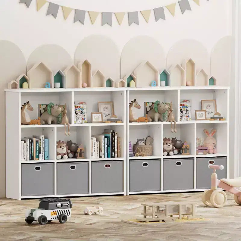 GOTGELIF Scaffale per Libri e Contenitore Giocattoli per Bambini - Legno Massello, Scaffale a 3 Ripiani, 5 Vani e 3 Cassetti