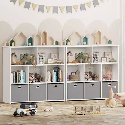 GOTGELIF Scaffale per Libri e Contenitore Giocattoli per Bambini - Legno Massello, Scaffale a 3 Ripiani, 5 Vani e 3 Cassetti
