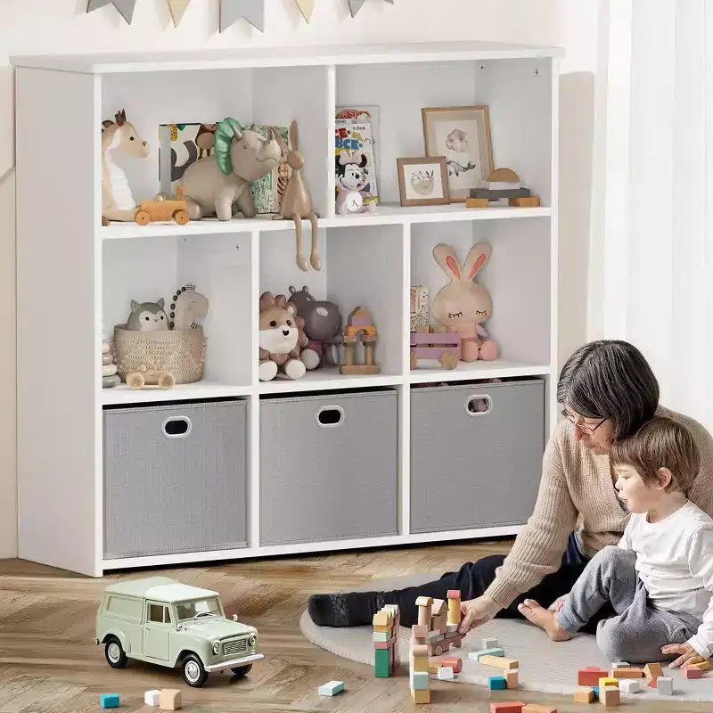 GOTGELIF Scaffale per Libri e Contenitore Giocattoli per Bambini - Legno Massello, Scaffale a 3 Ripiani, 5 Vani e 3 Cassetti