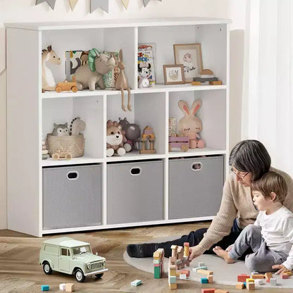 GOTGELIF Scaffale per Libri e Contenitore Giocattoli per Bambini - Legno Massello, Scaffale a 3 Ripiani, 5 Vani e 3 Cassetti