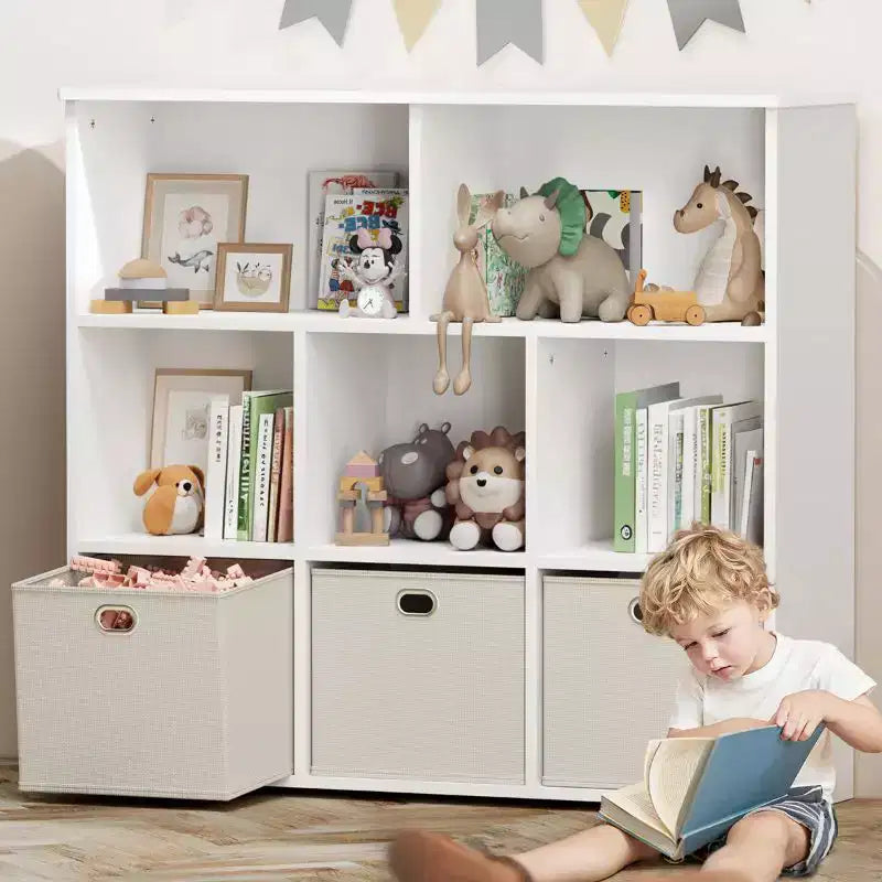 GOTGELIF Scaffale per Libri e Contenitore Giocattoli per Bambini - Legno Massello, Scaffale a 3 Ripiani, 5 Vani e 3 Cassetti