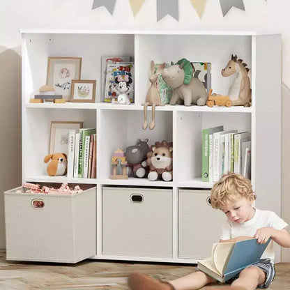 GOTGELIF Scaffale per Libri e Contenitore Giocattoli per Bambini - Legno Massello, Scaffale a 3 Ripiani, 5 Vani e 3 Cassetti