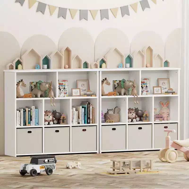 GOTGELIF Scaffale per Libri e Contenitore Giocattoli per Bambini - Legno Massello, Scaffale a 3 Ripiani, 5 Vani e 3 Cassetti