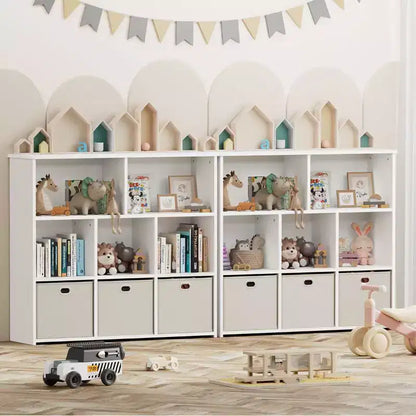 GOTGELIF Scaffale per Libri e Contenitore Giocattoli per Bambini - Legno Massello, Scaffale a 3 Ripiani, 5 Vani e 3 Cassetti