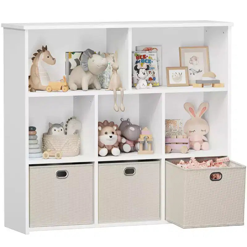 GOTGELIF Scaffale per Libri e Contenitore Giocattoli per Bambini - Legno Massello, Scaffale a 3 Ripiani, 5 Vani e 3 Cassetti