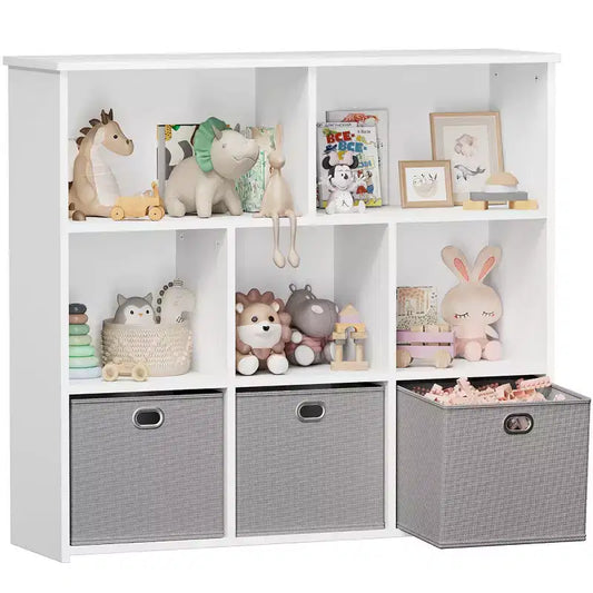 GOTGELIF Kids Bookshelf & Toy Storage Organizer - Solid Wood, 3-Tier Rack, 5 Cubbies & 3 Drawers