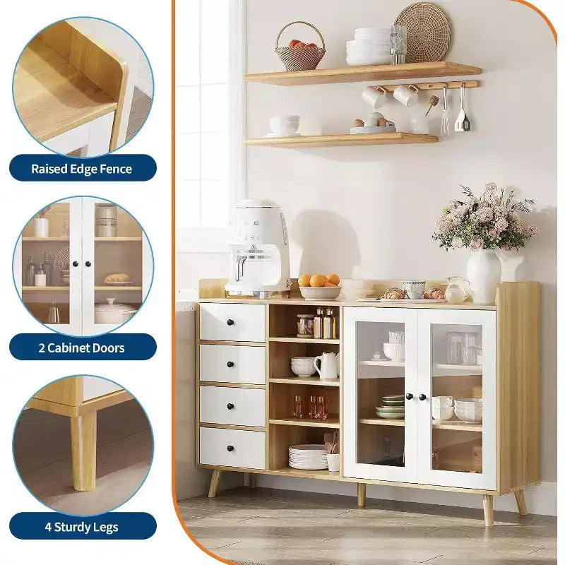 Mobile credenza da fattoria - Madia a 2 ante in vetro con ripiani regolabili per sala da pranzo