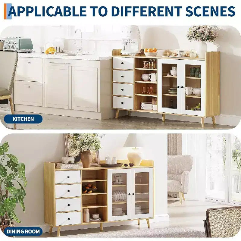 Mobile credenza da fattoria - Madia a 2 ante in vetro con ripiani regolabili per sala da pranzo