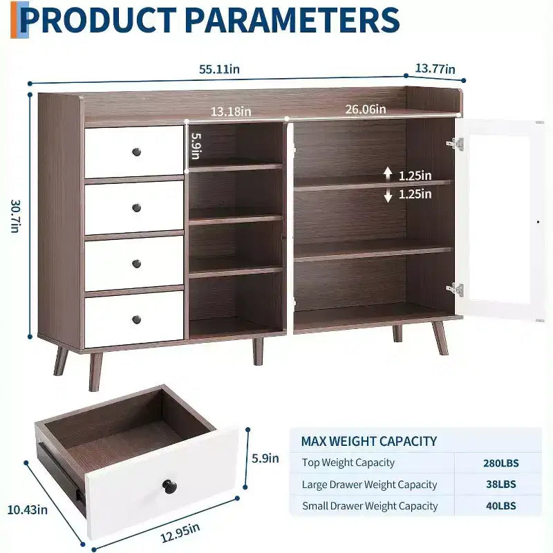 Mobile credenza da fattoria - Madia a 2 ante in vetro con ripiani regolabili per sala da pranzo