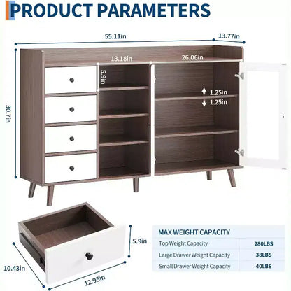 Mobile credenza da fattoria - Madia a 2 ante in vetro con ripiani regolabili per sala da pranzo