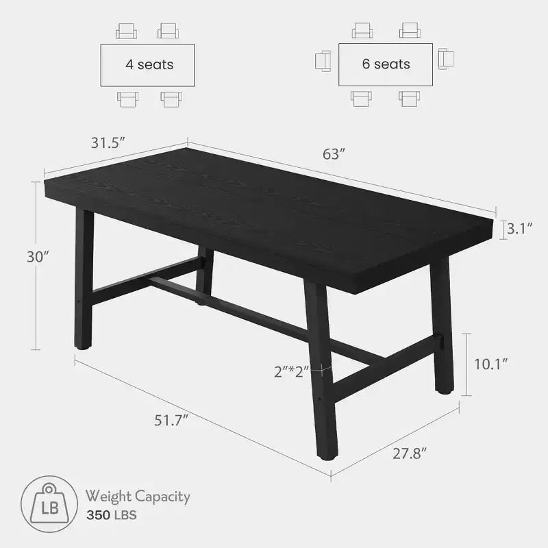 Tavolo da pranzo grande e lungo Rustic Wood 63 per 6 persone, tavolo da cucina rettangolare industriale con robuste gambe in metallo nero per soggiorno e sala da pranzo