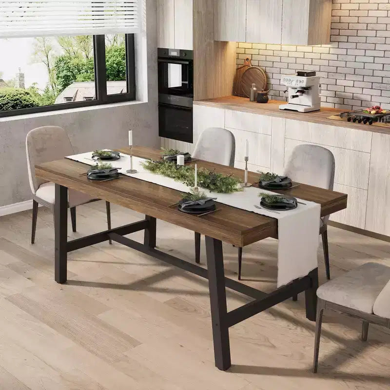 Tavolo da pranzo grande e lungo Rustic Wood 63 per 6 persone, tavolo da cucina rettangolare industriale con robuste gambe in metallo nero per soggiorno e sala da pranzo