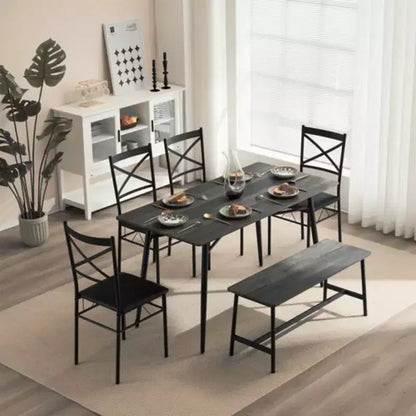 karl Home 1 Tavolo, 1 Sgabello, 4 Sedie, Tubo in Ferro Nero, Cuscino Morbido Grigio, Set Tavolo e Sedie da Pranzo
