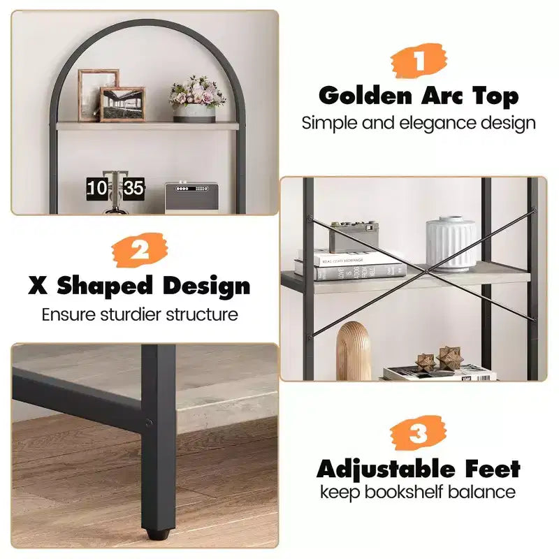 Libreria ad arco a 5 ripiani Coolmee, Scaffale espositivo alto, Libreria grande in legno per camera da letto, soggiorno, ufficio