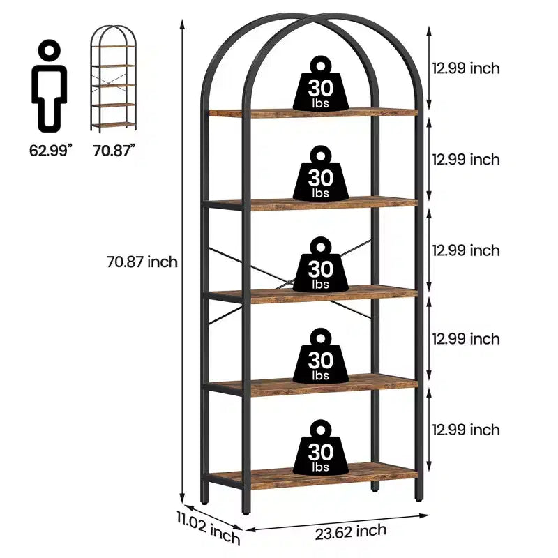 Libreria ad arco a 5 ripiani Coolmee, Scaffale espositivo alto, Libreria grande in legno per camera da letto, soggiorno, ufficio