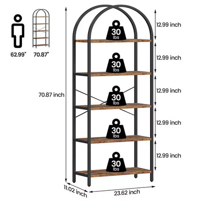 Libreria ad arco a 5 ripiani Coolmee, Scaffale espositivo alto, Libreria grande in legno per camera da letto, soggiorno, ufficio