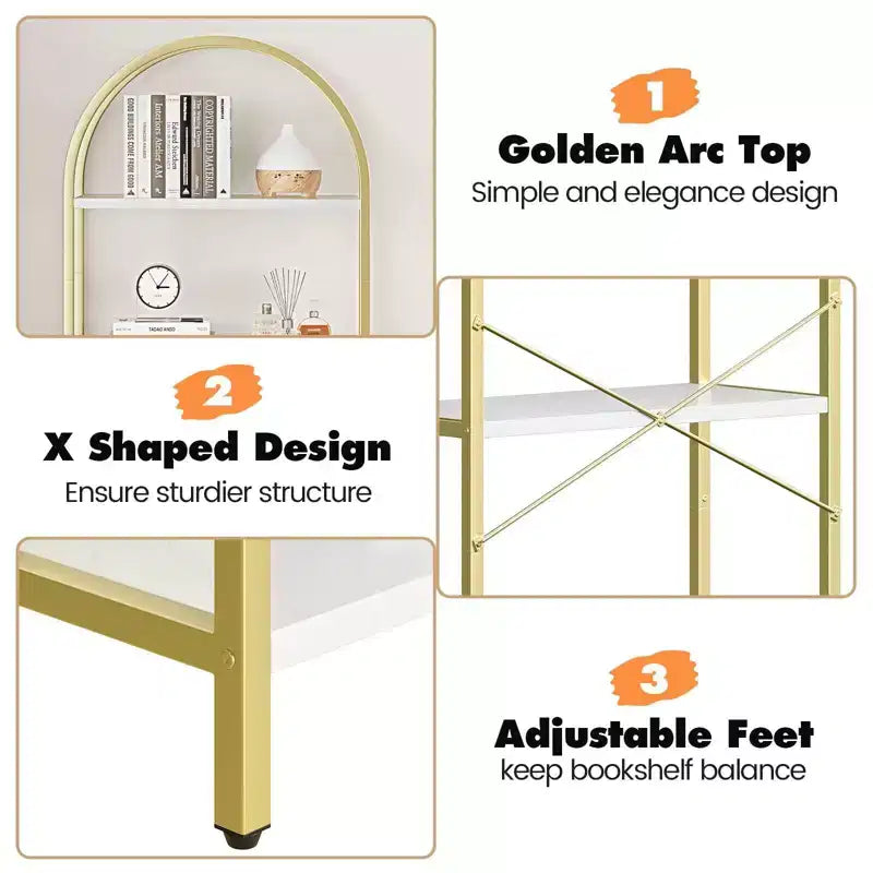 Libreria ad arco a 5 ripiani Coolmee, Scaffale espositivo alto, Libreria grande in legno per camera da letto, soggiorno, ufficio