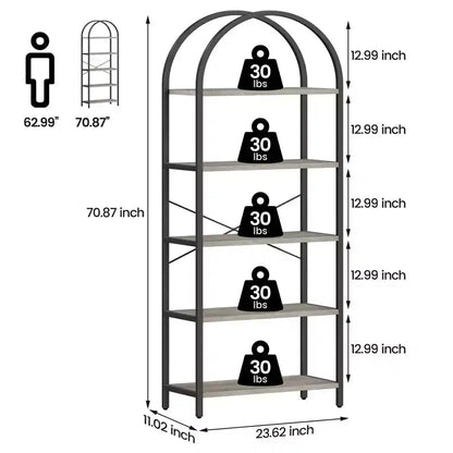 Libreria ad arco a 5 ripiani Coolmee, Scaffale espositivo alto, Libreria grande in legno per camera da letto, soggiorno, ufficio