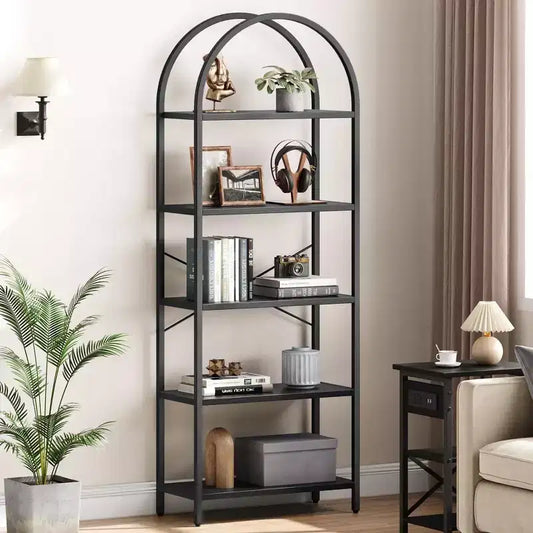 Coolmee 5 Tier Arched Bookshelf, Bookcase Display Racks Tall Bookshelves, Storage Rack Large Wood Book Shelf for Bedroom, Living Room, Office