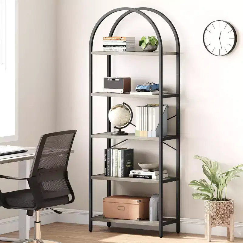 Libreria ad arco a 5 ripiani Coolmee, Scaffale espositivo alto, Libreria grande in legno per camera da letto, soggiorno, ufficio