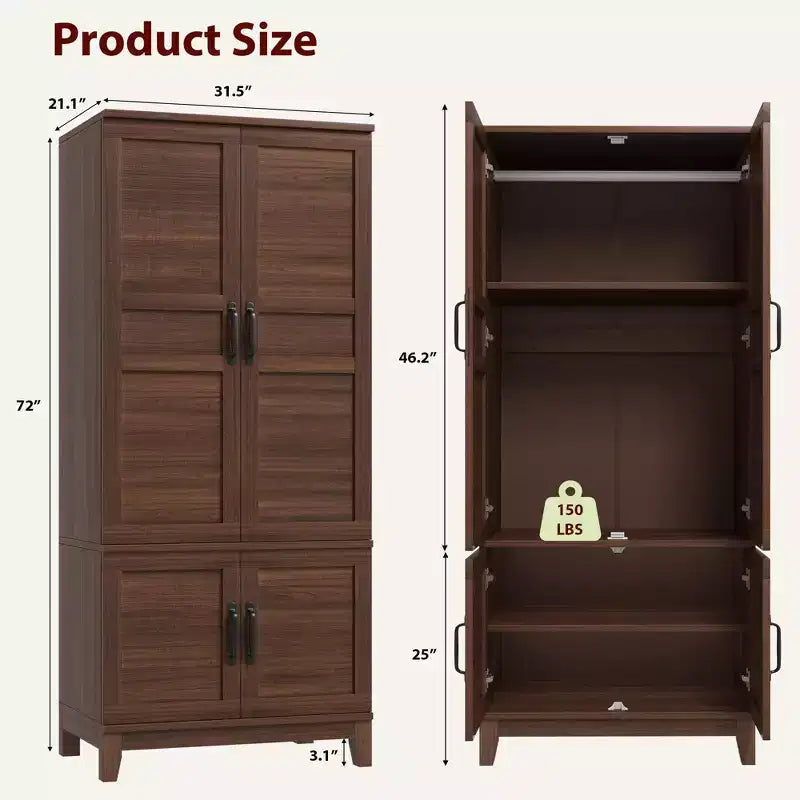 Coolmee Armadio Guardaroba con 4 Ante, Armadio Guardaroba in Legno da 72" con Asta Appendiabiti, Armadio Autoportante Alto per Vestiti