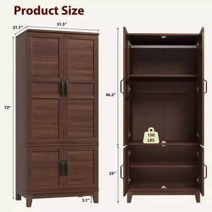 Coolmee Armadio Guardaroba con 4 Ante, Armadio Guardaroba in Legno da 72" con Asta Appendiabiti, Armadio Autoportante Alto per Vestiti
