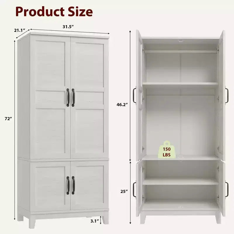 Coolmee Armadio Guardaroba con 4 Ante, Armadio Guardaroba in Legno da 72" con Asta Appendiabiti, Armadio Autoportante Alto per Vestiti