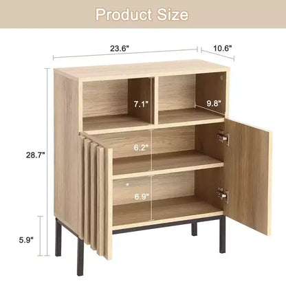 Credenza a due ante con finitura rovere e motivo a onde, Mobile contenitore con design ondulato, Consolle buffet con texture effetto legno per soggiorno, ingresso