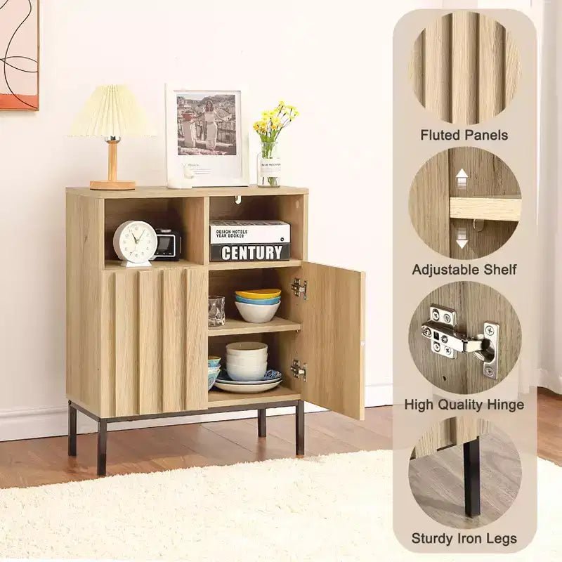 Credenza a due ante con finitura rovere e motivo a onde, Mobile contenitore con design ondulato, Consolle buffet con texture effetto legno per soggiorno, ingresso
