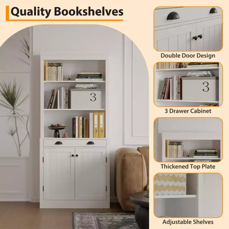Libreria autoportante alta 178 cm, Scaffale in legno a 5 ripiani con ripiani aperti e armadietto, Mobile moderno per esposizione e conservazione, Credenza dispensa