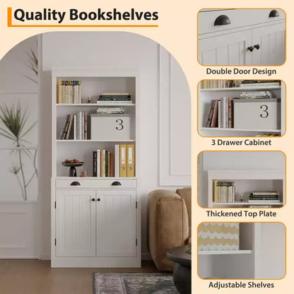 Libreria autoportante alta 178 cm, Scaffale in legno a 5 ripiani con ripiani aperti e armadietto, Mobile moderno per esposizione e conservazione, Credenza dispensa