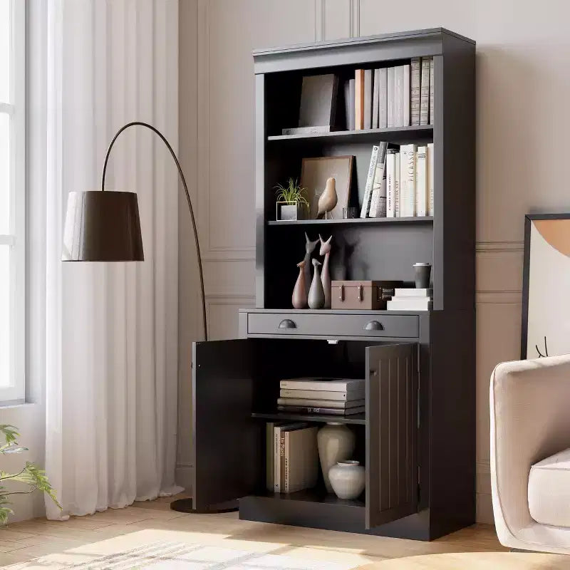 Libreria autoportante alta 178 cm, Scaffale in legno a 5 ripiani con ripiani aperti e armadietto, Mobile moderno per esposizione e conservazione, Credenza dispensa
