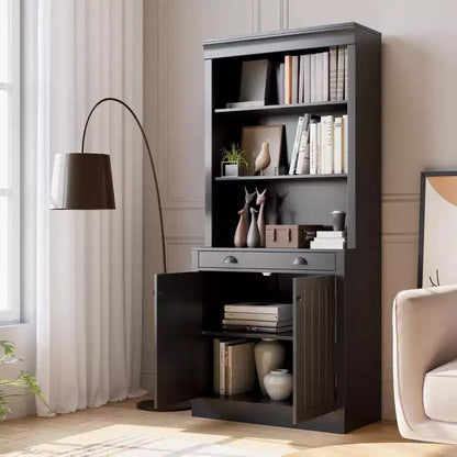 Libreria autoportante alta 178 cm, Scaffale in legno a 5 ripiani con ripiani aperti e armadietto, Mobile moderno per esposizione e conservazione, Credenza dispensa