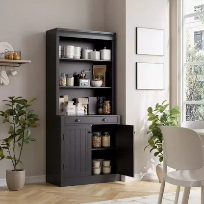 Libreria autoportante alta 178 cm, Scaffale in legno a 5 ripiani con ripiani aperti e armadietto, Mobile moderno per esposizione e conservazione, Credenza dispensa