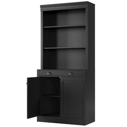 Libreria autoportante alta 178 cm, Scaffale in legno a 5 ripiani con ripiani aperti e armadietto, Mobile moderno per esposizione e conservazione, Credenza dispensa