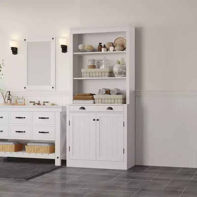 Libreria autoportante alta 178 cm, Scaffale in legno a 5 ripiani con ripiani aperti e armadietto, Mobile moderno per esposizione e conservazione, Credenza dispensa